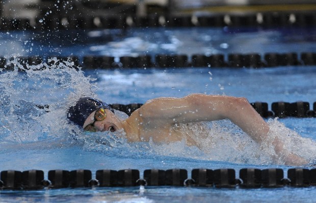 Oswego's Chase Maier competes in the 500 Yard Freestyle during the IHSA Boys Swimming State Championship Saturday, March 1, 2025 in Westmont, IL. (Steve Johnston/for The Beacon-News)