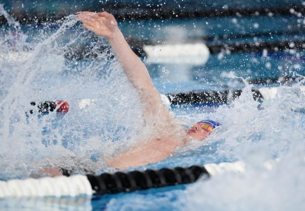 St. Charles North's Thomas McMillan competes in the 100 Yard Backstroke during the IHSA Boys Swimming State Championship Saturday, March 1, 2025 in Westmont, IL. (Steve Johnston/for The Beacon-News)