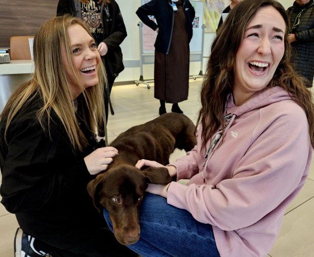 Skylar McElheny, right, an emergency room nurse at Franciscan Health Michigan City and nurse Katie Griffin, cuddle with Oaken, the new comfort dog on staff at Franciscan Health Michigan City. (Photo courtesy of Franciscan Health)