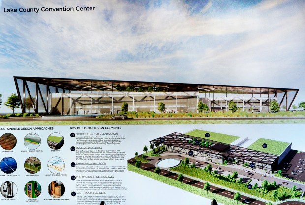 Artist rendition of the proposed Lake County Convention Center on display as the City of Gary held a special community meeting to learn about its proposal for the new Lake County Convention Center and Hard Rock Casino on Thursday, March 6, 2025 (John Smierciak / Post-Tribune)