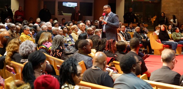 Gary Mayor Eddie Melton addresses the audience at a special community meeting to learn about the city's proposal to be the site of the proposed Lake County Convention Center at Hard Rock Casino on Thursday, March 6, 2025 (John Smierciak / Post-Tribune)