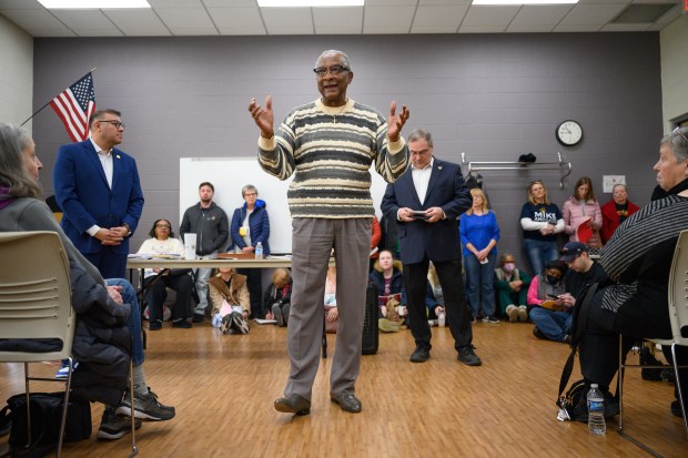 State Senator Lonnie Randolph, D-East Chicago, answers a question during a public town hall meeting at the Lincoln Community Center in Highland on Saturday, March 8, 2025. (Kyle Telechan/for the Post-Tribune)