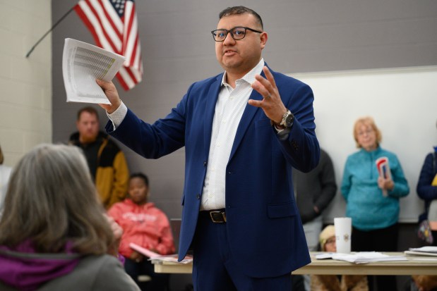 State Rep. Mike Andrade, D-Munster, responds to a question during a public town hall meeting at the Lincoln Community Center in Highland on Saturday, March 8, 2025. (Kyle Telechan/for the Post-Tribune)