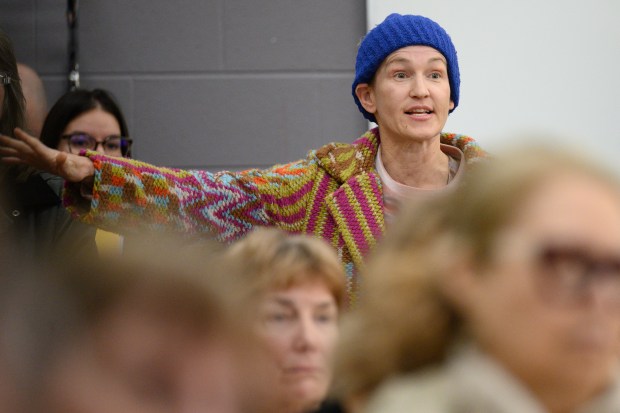 Attendee Claudia Craig, a nurse, makes a statement about nurse pay in Indiana during a public town hall meeting with State Rep. Mike Andrade, D-Munster, and State Senators Lonnie Randolph, D-East Chicago, and Dan Dernulc, R-Highland, in Highland on Saturday, March 8, 2025. (Kyle Telechan/for the Post-Tribune)