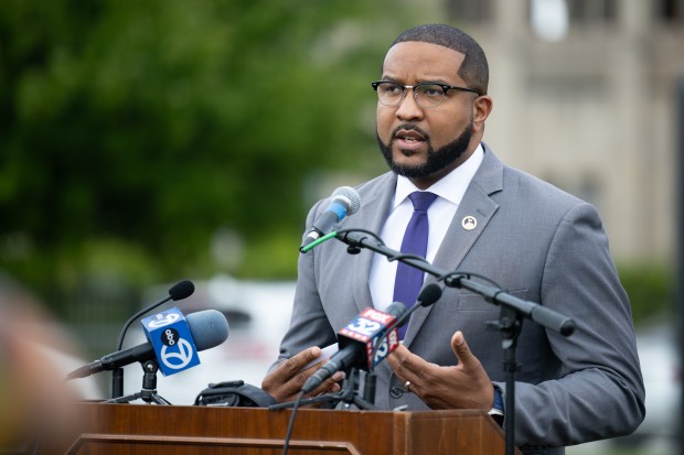 Gary mayor Eddie Melton speaks during a press conference to discuss a partnership with the University of Notre Dame Housing & Community Regeneration Initiative on Tuesday, July 23, 2024. (Kyle Telechan/for the Post-Tribune)