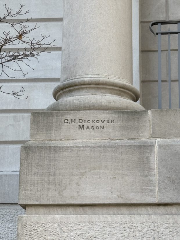 Charles Dickover, a Porter County native who laid the bricks for the Porter County Courthouse in downtown Valparaiso, made his mark on the north side of the courthouse entrance. (Deena Butterfield/for Post-Tribune)