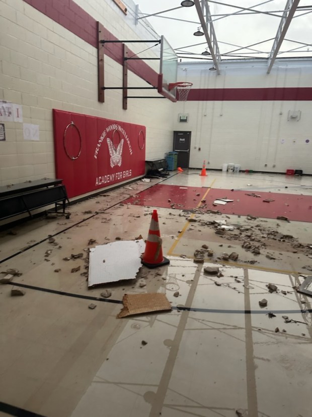 High winds peeled back the roof at McCullough Academy, 3757 W. 21st Ave. in Gary, on Wednesday, March 19, 2025. (Gary Community Schools/provided)