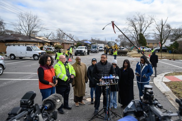 Gary mayor Eddie Melton speaks during a press conference to address storm damage in the city from Wednesday's storm on Thursday, March 20, 2025. (Kyle Telechan/for the Post-Tribune)