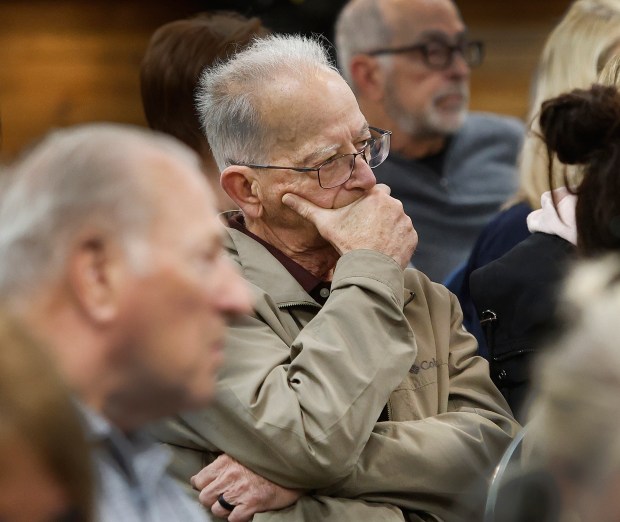 Tony Marocchi of St John listens intently during a town hall meeting held by Indiana State Rep. Hal Slager, R-Schererville, and Indiana Sen. Dan Dernulc, R-Highland, to share updates on the 2025 Indiana legislative session and discuss community concerns at the St. John Township Community Center in Schererville on Saturday, March 15, 2025. (John Smierciak / for the Post-Tribune)