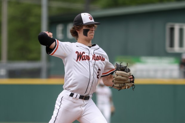 Lincoln-Way West's Lucas Acevedo (5) throws to first base during the Class 4A Providence Sectional semifinal against Lincoln-Way Central in New Lenox on Wednesday, May 29, 2024. (Troy Stolt/for the Daily Southtown)