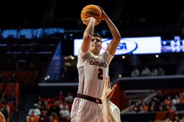 Brother Rice's Jack Weigus (2) puts up a shout against DePaul Prep during the Class 3A state championship game at the State Farm Center in Champaign on Saturday, March 15, 2025. (Vincent D. Johnson / for the Daily Southtown)