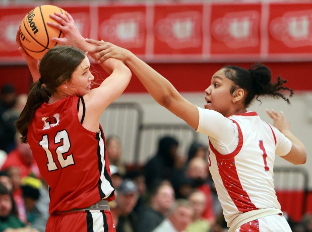 Marist's Caroline Flynn, left, looks to pass as Kenwood's Icesis Thomas, right, defends during the Class 4A Hinsdale Central Supersectional girls basketball game in Hinsdale on Monday, March 3, 2025. (James C. Svehla / for the Daily Southtown)