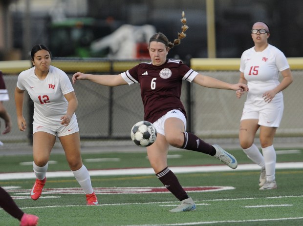 Argo's Klara Cicha (6) takes a shot on goal against Homewood-Flossmoor during the Windy City Ram Classic Tuesday, March 18, 2025 in Summit, IL. (Steve Johnston/for the Daily Southtown)