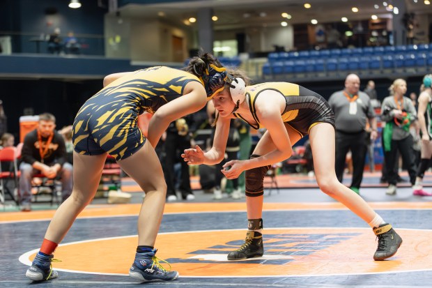 Andrew's Jade Hardee wrestles Round Lake's Riley Kongkaeow during the 100 pound third place match of the IHSA girls wrestling individual state meet on in Bloomington on Saturday, March 1, 2025. (Troy Stolt / for the Daily Southtown)