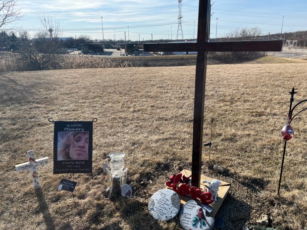 A memorial for Charles Baird,19, who was shot and killed at the Circle K gas station on Nelson Road in New Lenox in May 2020, remains intact March 10, 2025. (Samantha Moilanen/Daily Southtown)