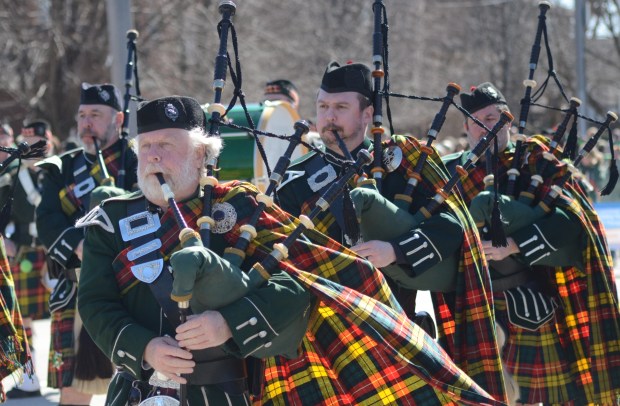 The Chicago Stockyard Kilty Band performs March 9, 2025, at the Tinley Park Irish Parade. (Jeff Vorva/for the Daily Southtown)