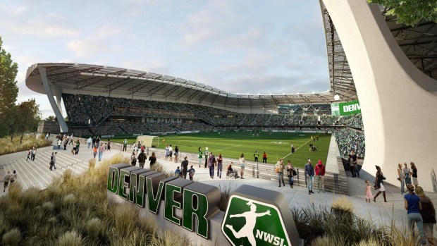 An artist's rendering of a stadium and recreational district for Denver's new NWSL franchise, including a 14,500-seat venue, located at Santa Fe Yards (Broadway and I-25) in Denver. (Rendering provided by Populous/Denver NWSL)