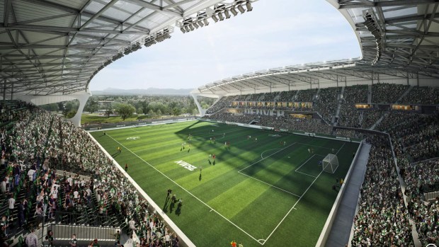 An artist's rendering of a stadium and recreational district for Denver's new NWSL franchise, including a 14,500-seat venue, located at Santa Fe Yards (Broadway and I-25) in Denver. (Rendering provided by Populous/Denver NWSL)