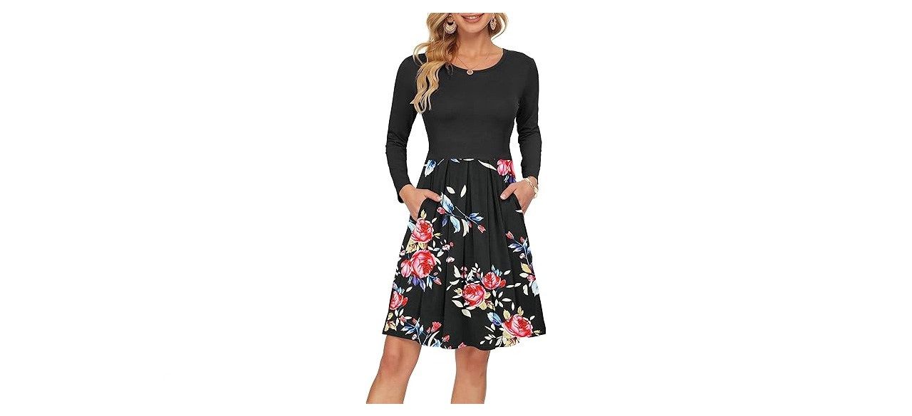 AUSELILY Women’s Long Sleeve Pleated Loose Swing Casual Dress