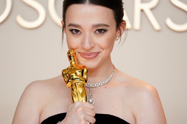 Mikey Madison, winner of the award for best performance by an actress in a leading role for "Anora," poses in the press room at the Oscars on March 2, 2025, at the Dolby Theatre in Los Angeles. (Jordan Strauss/Invision/AP)