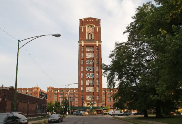 The Central Manufacturing District clock tower in 2016. (John J. Kim/Chicago Tribune)