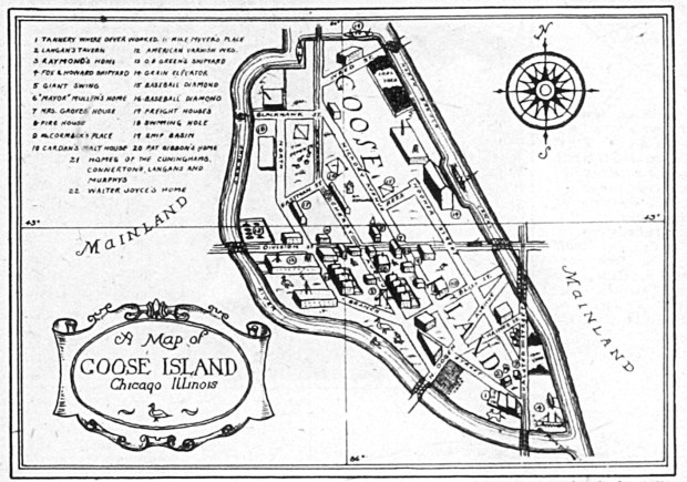 John Drury's Map of Goose Island was first published on March 26, 1930, in the Chicago Daily News. The map shows the location of Goose Island on Chicago's Near North Side, located between Chicago and North Avenues. Division Street runs across the middle of the island. While this is a fanciful representation, the map does show the concentration of housing on North Branch, Cherry, and Hickory Streets south of Division Street. The foot of the island was home to shipyards, lumber yards, coal yards and grain elevators. (Chicago Daily News/Chicago History Museum)