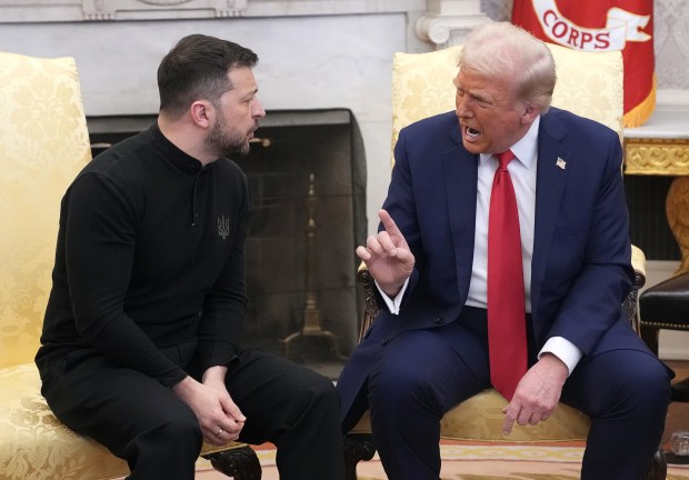 Ukrainian President Volodymyr Zelenskyy listens to President Donald Trump in the Oval Office at the White House on Feb. 28, 2025. (Andrew Harnik/Getty)