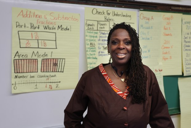 Public school math teacher Aisha Wade-Bey in her classroom at Oglesby Elementary School on March, 3, 2025. (Terrence Antonio James/Chicago Tribune)