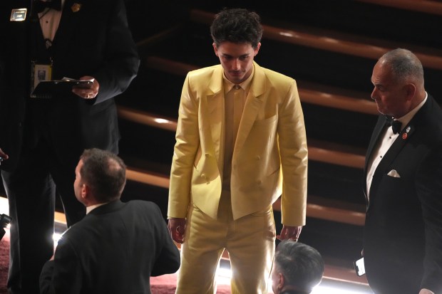 Timothée Chalamet appears in the audience during the Oscars on March 2, 2025, at the Dolby Theatre in Los Angeles. (Chris Pizzello/AP)