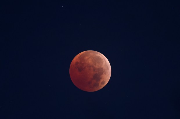 The moon turns a reddish hue as it passes the Earth's shadow from the sun during a total lunar eclipse early on Nov. 8, 2022. (John J. Kim/Chicago Tribune)