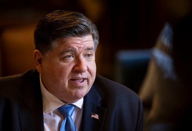 Gov. JB Pritzker speaks from his ceremonial office after delivering his annual budget address on Feb. 19, 2025, at the Illinois State Capitol in Springfield. (Brian Cassella/Chicago Tribune)