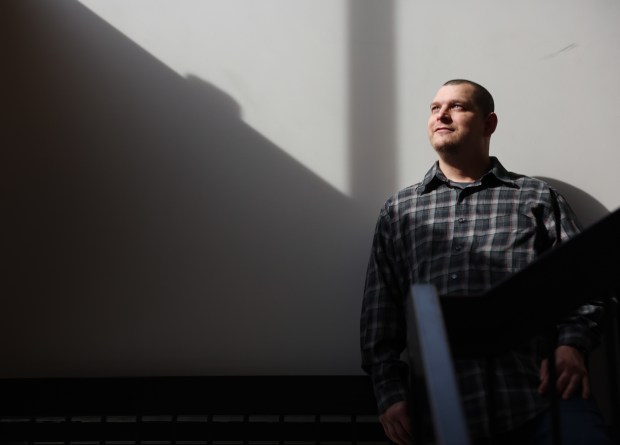 Aaron Bass, 39, at the Kankakee Public Library on Feb. 14, 2025, in Kankakee. (Stacey Wescott/Chicago Tribune)