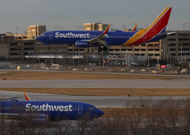 A Southwest Airlines jet approaches the runway at Midway International Airport, Dec. 15, 2023. (John J. Kim/Chicago Tribune)