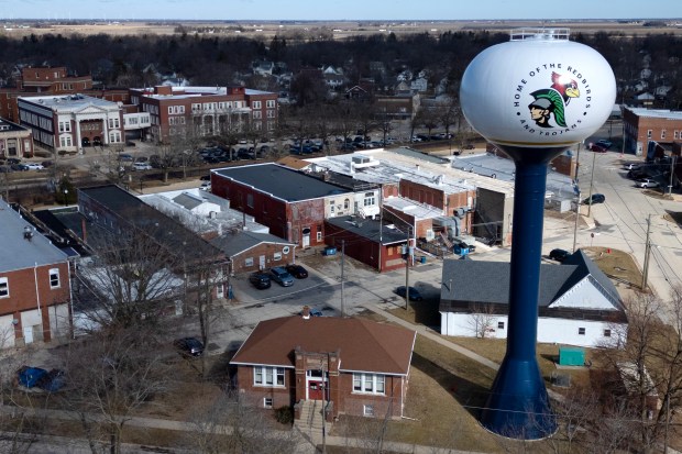 A freshly painted water tower sits just east of Main Street on March 6, 2025, in Dwight. In 2013, the Dwight Correctional Center closed and the economy was greatly impacted because of the loss of jobs (Stacey Wescott/Chicago Tribune)