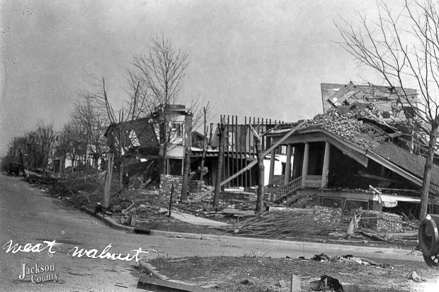 Walnut and 22nd Streets in Murphysboro, Illinois, after the Tri-State Tornado tore through Indiana, Illinois, and Missouri in March 1925. (Jackson County Historical Society)