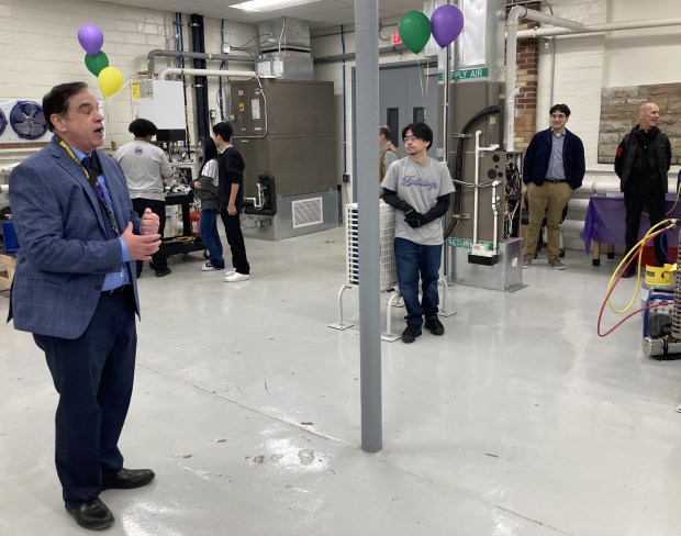 David Marks, the career and technical education chair at Waukegan High School, talks about the new HVAC lab. (Steve Sadin/For the Lake County News-Sun)