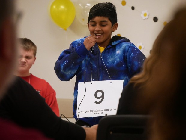 Rithvik Rahul, one of nearly a dozen participants in the Lake County Regional Spelling Bee. The competition ran for several hours as students competed to be sent to Nationals in D.C. (Joe States/Lake County News-Sun)