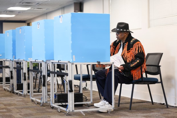 Rodney Greene participates in early voting at the Morton Civic Center in Evanston on March 17, 2025. Early voting for the April 1 election began Monday, two weeks before election day for Evanston and other municipalities. The Evanston races include mayor, City Clerk, all nine ward City Council seats, school districts and park districts. (Eileen T. Meslar/Chicago Tribune)