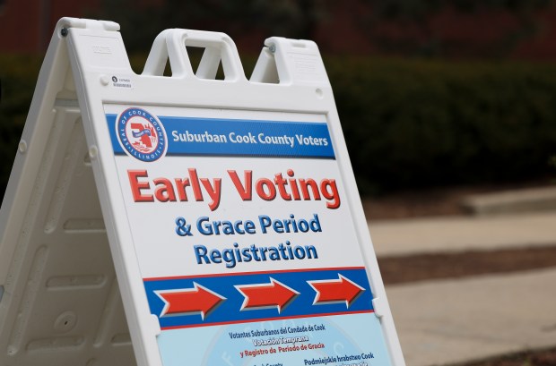 An early voting sign outside the Morton Civic Center in Evanston on Monday, March 17, 2025. (Eileen T. Meslar/Chicago Tribune)