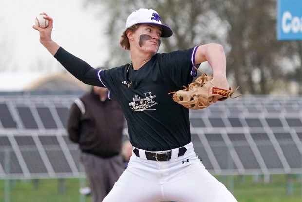 Plano's Braylon Schmidt pitches against Somonauk during a nonconference baseball game at Somonauk High School on Friday, April 25, 2025. (Sean King / for The Beacon-News)