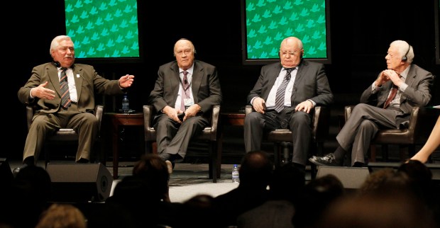 Lech Walesa, left, former president of the Republic of Poland, Frederik Willem de Klerk, former President of the Republic of South Africa, Mikhail Gorbachev, former President of the Union of Soviet Socialist Republics, and former President Jimmy Carter during a panel discussion on New Challenges For Peace, at the World Summit of Nobel Peace Laureates Monday, April 23, 2012, in Chicago. (AP Photo/Charles Rex Arbogast)