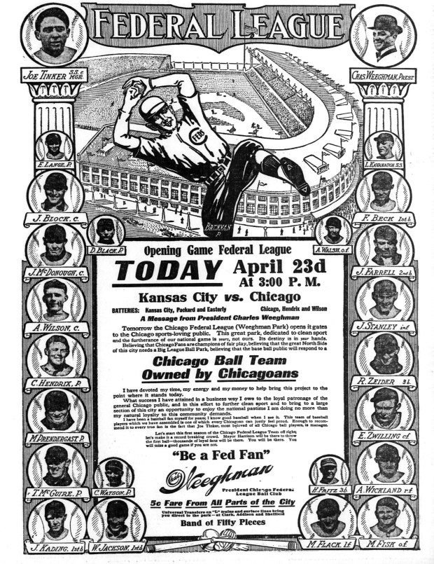 This advertisement for the first Chicago Federal League game at Weeghman Park (now Wrigley Field) was published in the Tribune on April 23, 1914. (Chicago Tribune)