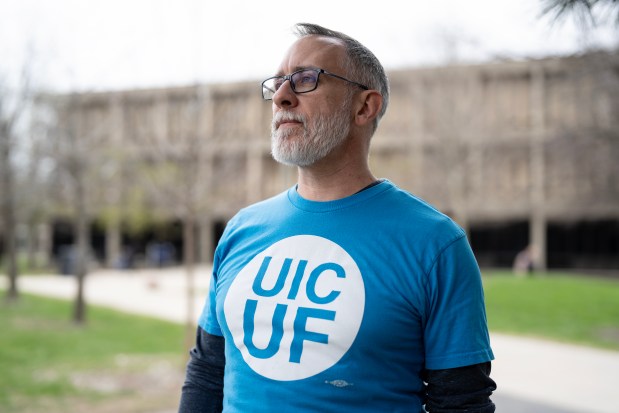 Aaron Krall, president of UIC UF, poses for a portrait during the Day of Action for Higher Ed at the UIC University Hall lawn. (E. Jason Wambsgans/Chicago Tribune)
