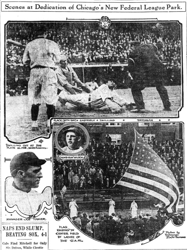 Weeghman Park was christened before hosting its first Chicago Federal League game on April 23, 1914, with the raising of an American flag by the Daughters of the Grand Army of the Republic and a 21-gun salute. (Chicago Tribune)