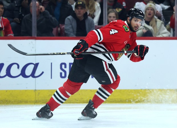 Blackhawks defenseman Seth Jones skates down the ice against the Golden Knights on Jan. 18, 2025, at the United Center. (Chris Sweda/Chicago Tribune)