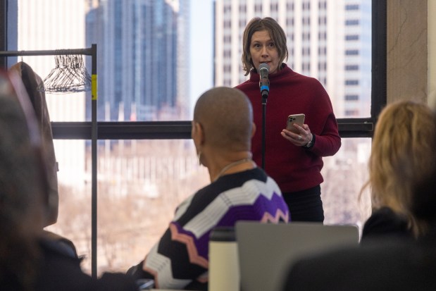 Joanna Furnans, director of Chicago Dancemakers Forum, speaks at an Arts Advisory Council meeting at the Chicago Cultural Center, Feb. 25, 2025. Department of Cultural Affairs and Special Events Commissioner Clinée Hedspeth appeared via video. (Audrey Richardson/Chicago Tribune)