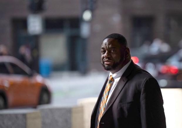 State Sen. Emil Jones III leaves the Dirksen U.S. Courthouse after another day of his federal bribery trial, April 14, 2025. (E. Jason Wambsgans/Chicago Tribune)