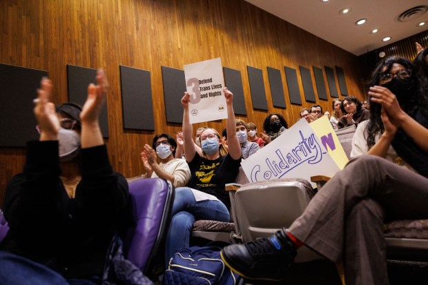 Students, faculty, staff, and supporters attend a rally to protest the Trump administration's recent revocations of student visas for international students at the the University of Chicago, University of Illinois Urbana-Champaign, and Northwestern University on April 17, 2025, in Evanston. (Armando L. Sanchez/Chicago Tribune)