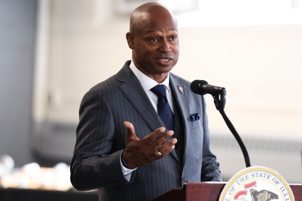 Illinois House Speaker Chris Welch speaks during a press conference at RR Trade School in Melrose Park on April 14, 2025. (Eileen T. Meslar/Chicago Tribune)