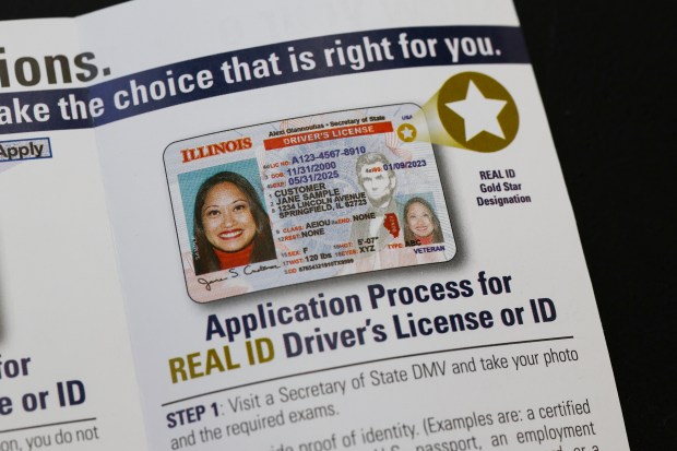 A pamphlet show an example of a Real ID driver's license at the Secretary of State's supercenter at 191 N. Clark St. in the Loop on March 11, 2025. (Eileen T. Meslar/Chicago Tribune)